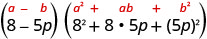 The image illustrates the difference of cubes factorization formula, (a - b)(a^2 + ab + b^2), with a specific example: (8 - 5p)(8^2 + 8 * 5p + (5p)^2).